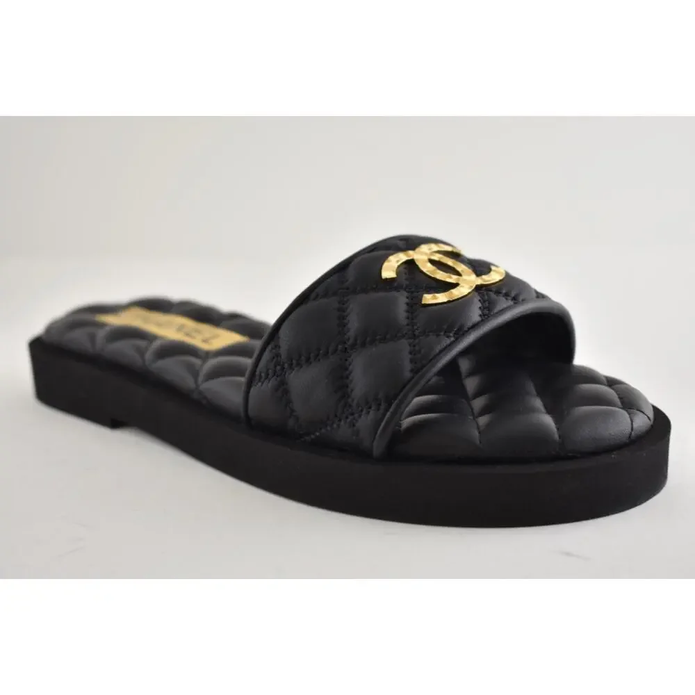 Chanel REV Black Quilted Leather Gold Logo Mule Slide Sandal Flip Flop Flat 35
